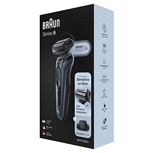 Braun Series 6 60-N1200s Afeitadora Eléctrica, máquina de afeitar barba hombre de Lámina, Con Recortadora De Precisión, Uso En Seco Y Mojado, Recargable, Inalámbrica, Gris