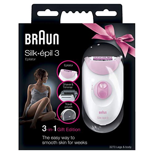 Braun Silk-épil 3 3270 - Depiladora para mujer con cable, cabezal de afeitado, peine recortador y estuche de viaje, edición regalo, color blanco/rosa