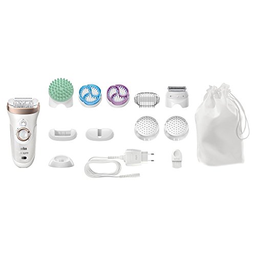 Braun Silk-épil 9 SkinSpa 9-961V - Depiladora para mujer eléctrica, sistema de exfoliación y cuidado de la piel 4 en 1 + 12 accesorios, oro rosa/blanco