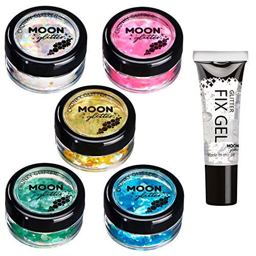 Brillo Iridiscente Grueso por Moon Glitter – 100% Brillo Cosmético para la Cara, Cuerpo, Uñas, Cabello y Labios - 3g - Set de 5 colores