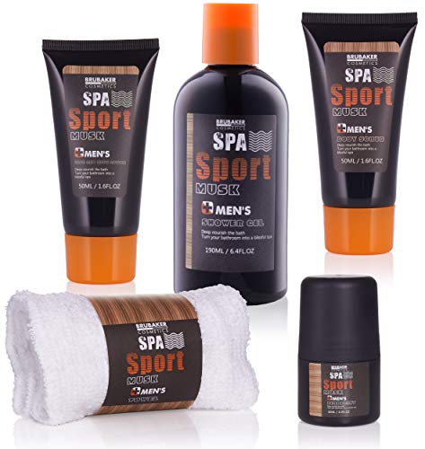 BRUBAKER Cosmetics 'Spa Sport Musc' 5 piezas, set de baño para hombres con toallita en cofre regalo