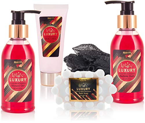 BRUBAKER Set de Baño y Ducha de Lujo con Fresa y Lecha de Coco - 6 piezas - Set de Regalo Belleza en Stiletto negro