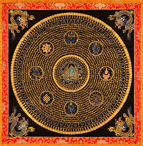 BUDDHAFIGUREN Thangka Mandala verde Tara Mantra 121 x 152 cm pintado a mano sobre lienzo