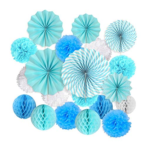 BUYGOO 9 Piezas Pompones de Papel decoración + 6 Piezas Bola de Nido + 6 Piezas Abanicos de Papel Plegables Flores Decoracion Cumpleaños/Boda/Nacimiento/Navidad (Azul Zarco y Blancas)