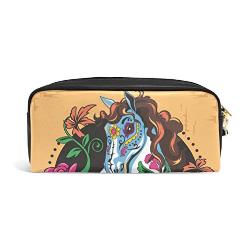 Caballo Patrón floral Cráneo Colorido para estudiante Niño Niña Cremallera Bolsa Monedero Estuche de lápices Bolígrafo Bolso estacionario Bolsa de maquillaje cosmético Hipster