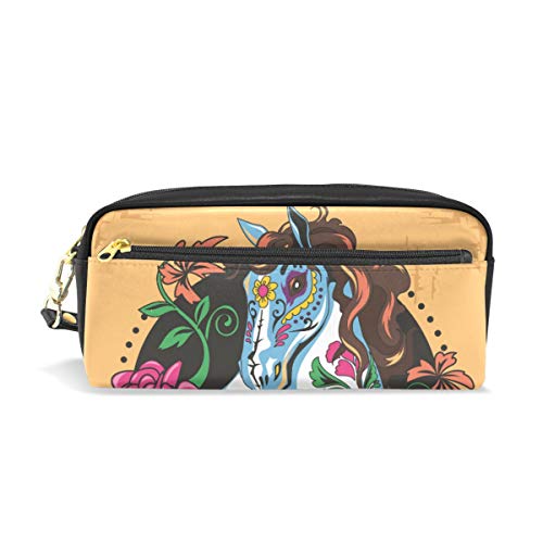 Caballo Patrón floral Cráneo Colorido para estudiante Niño Niña Cremallera Bolsa Monedero Estuche de lápices Bolígrafo Bolso estacionario Bolsa de maquillaje cosmético Hipster