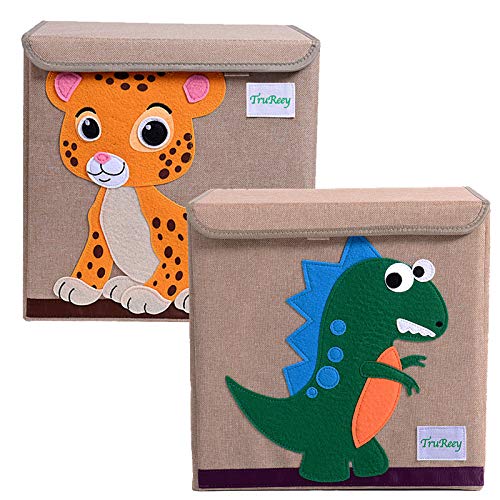 Caja de almacenamiento para juguetes con tapas, paquete de 2 cestas de almacenamiento plegable de tela para juguetes, libros, zapatos (tigre y dinosaurio)