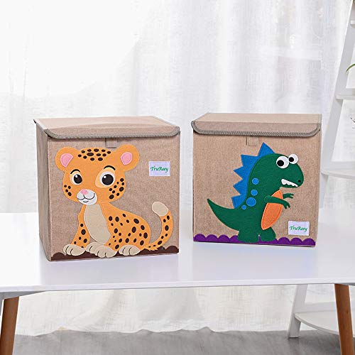 Caja de almacenamiento para juguetes con tapas, paquete de 2 cestas de almacenamiento plegable de tela para juguetes, libros, zapatos (tigre y dinosaurio)