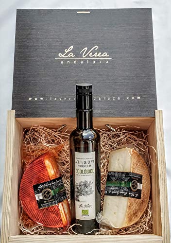 Caja Regalo GOURMET. (PACK A: QUESOS CURADOS LECHE CRUDA Y AOVE ECO) La Verea Andaluza. Quesos artesanos y Aceite de oliva ECOLÓGICO, 100% Monovarietal Arbosana. Cesta navidad. Personaliza tu mensaje.