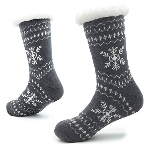 Calcetines Hechos Punto de la Zapatilla para los Hombres con los Deslizadores de la Cama de la Capa de Las Lanas para el Modelo Noruego del resbalón del Hombre 41-46 (Copos de Nieve Blancos Grises)