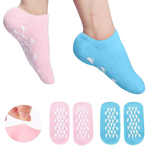 Calcetines hidratantes, calcetines de gel hidratante ultra suave, para reparar y suavizar las pieles secas y agrietadas, forro de gel con aceites esenciales y vitaminas (2 pares de azul y rosa)