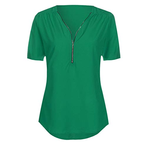 Camiseta informal de verano para mujer de SEEGOU, cuello en V, cremallera, suelta, camiseta, blusa de té, parte superior (S – 5XL) verde 40