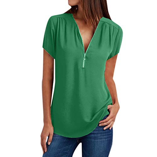 Camiseta informal de verano para mujer de SEEGOU, cuello en V, cremallera, suelta, camiseta, blusa de té, parte superior (S – 5XL) verde 40