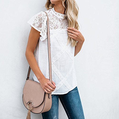 Camisetas Mujer SHOBDW Dia de la Mujer Verano Patchwork De Encaje Casual Ahuecar Volantes Manga Corta Suéter De Cuello De Tortuga Linda Blusa Floral Camiseta Blanca para Mujer(Blanco,M)