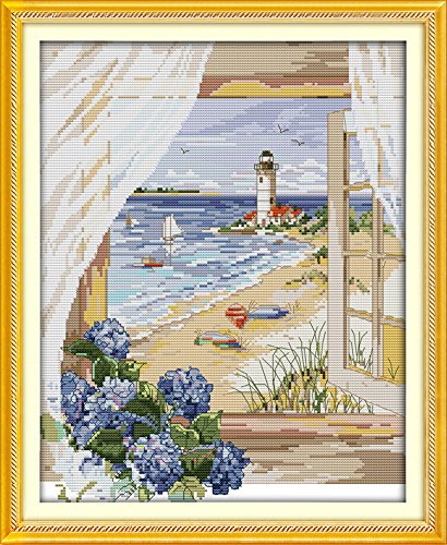 captaincrafts caliente nuevas versiones patrones de Kits de punto de cruz bordado Kit – vistas al mar fuera de la ventana, Blanco, Blanco