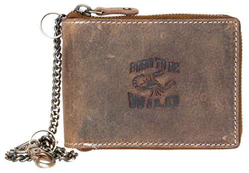 Cartera de piel para hombre, con diseño de escorpión y texto en inglés: "Born to be Wild", con cadena lateral, color marrón