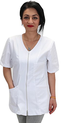 Casaca, Bata de trabajo para mujer con cremallera, color blanco, algodón, esteticista, peluquería, guardería, alimentos blanco S