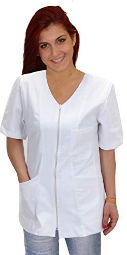 Casaca, Bata de trabajo para mujer con cremallera, color blanco, algodón, esteticista, peluquería, guardería, alimentos blanco S