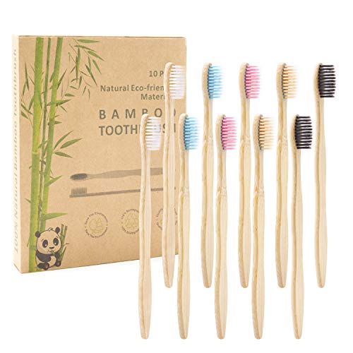 Cepillo de Dientes de Carbón de Bambú 10 PAQUETE - 5 Colores Cerdas Suaves Naturales de Cepillo de Dientes de Bambú - Cepillo de Dientes de Bambú Ecológico Biodegradable para Uso Familiar