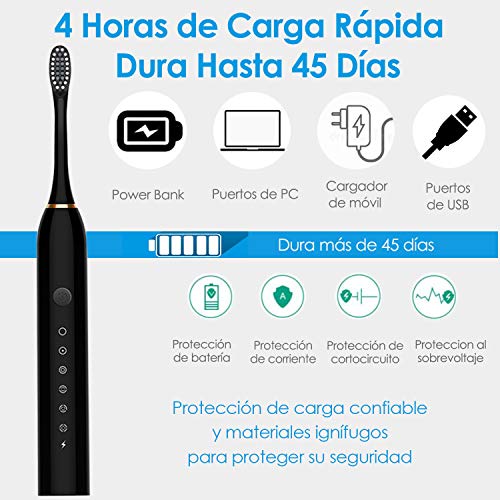 Cepillo de Dientes Eléctrico con 6 Modos AMAZINGTEK Cepillo Eléctrico Dientes Sónico con 4 Cabezas de Cepillo, IPX7 Impermeable, Usa Duración Hasta 45 Días, con Temporizador Inteligente