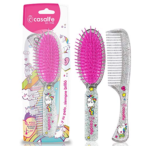 Cepillo detangler + peine Casalfe Unicornios y brilli brilli - resistente al secador, Transparente con purpurina (3466)