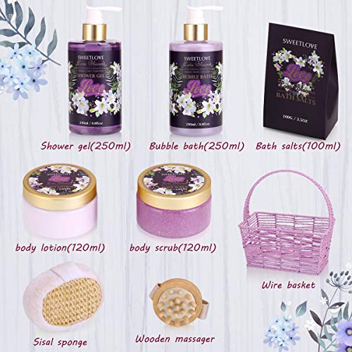 Cesta de regalo de spa para mujeres, set de regalo de baño y cuerpo para ella, 8 piezas de lujo, aroma de lirio y lila, el mejor regalo para el día de la madre, cumpleaños, Navidad