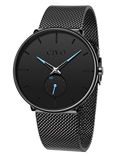 CIVO Reloj Negro Ultra Fino para Hombre Minimalista Moda Relojes de Pulsera para Hombres Vestir Casual Impermeable Reloj de Cuarzo para Hombre con Banda Negro de Acero Inoxidable (1 Negro)