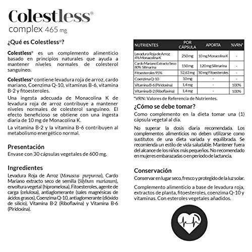 Colestless® complex con levadura roja de arroz, cardo mariano, Q-10, fitoesteroles, vitaminas B-2 y B-6 – 30 Cápsulas vegetales.