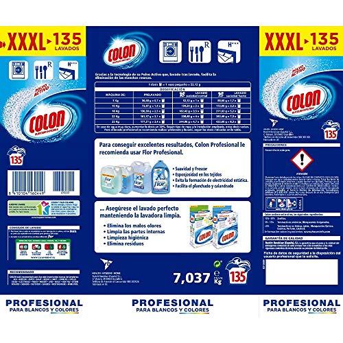 Colon Polvo Activo - Detergente para lavadora, adecuado para ropa blanca y de color, formato polvo - 135 dosis, 7.037 kg