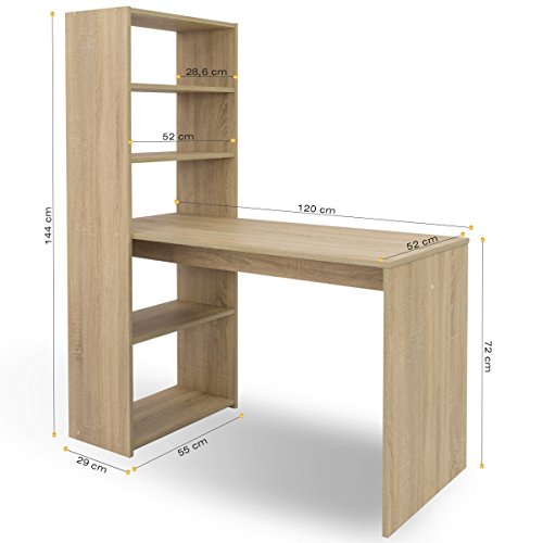 COMIFORT Escritorio con Estantería - Mesa de Estudio con Librería de Estructura Firme, Moderna y Minimalista con 4 Baldas Espaciosas y de Gran Capacidad, Color Sonoma