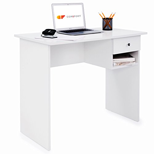 COMIFORT Mesa de Estudio – Escritorio Robusto, Práctico de Estilo Moderno y Minimalista, Gran Capacidad de Almacenaje, 1 Cajón y 1 Estante, Color Blanco