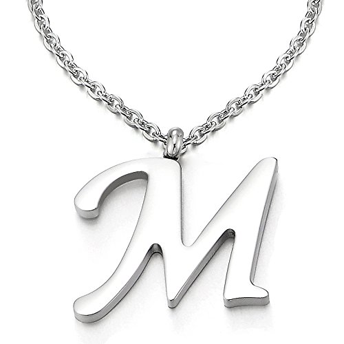 COOLSTEELANDBEYOND Nombre Inicial Letra del Alfabeto M Colgante, Collar de Mujer Hombre, Acero Inoxidable,50cm Cadena Cuerda