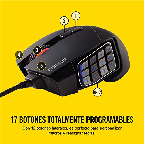 Corsair Scimitar Pro RGB - Ratón óptico para juegos (retroiluminación RGB, 16000 dpi, con Cable, 17 botones laterales programables), Negro