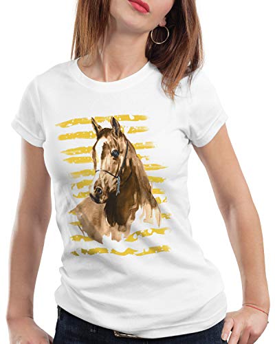 CottonCloud Vacaciones de Equitación Camiseta para Mujer T-Shirt Caballos Granja halcón marrón, Talla:M