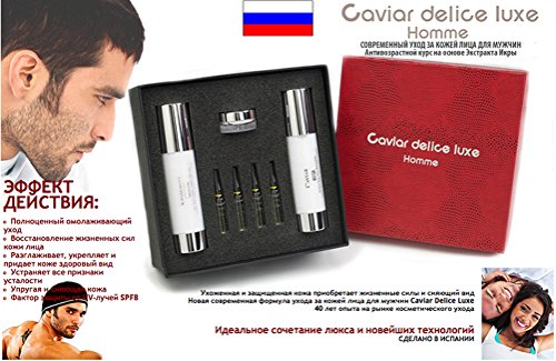 Crema ANTIARRUGAS HOMBRE. Tratamiento Facial CAVIAR DELICE LUXE . Rejuvenece , Reafirma , Tensa y da luminosidad. Caja Lujo. 50 ml + 50 ml + 4 ampollas + Miniatura. Ideal para Regalo.