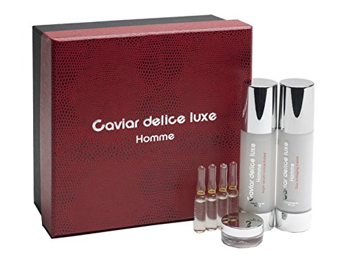 Crema ANTIARRUGAS HOMBRE. Tratamiento Facial CAVIAR DELICE LUXE . Rejuvenece , Reafirma , Tensa y da luminosidad. Caja Lujo. 50 ml + 50 ml + 4 ampollas + Miniatura. Ideal para Regalo.