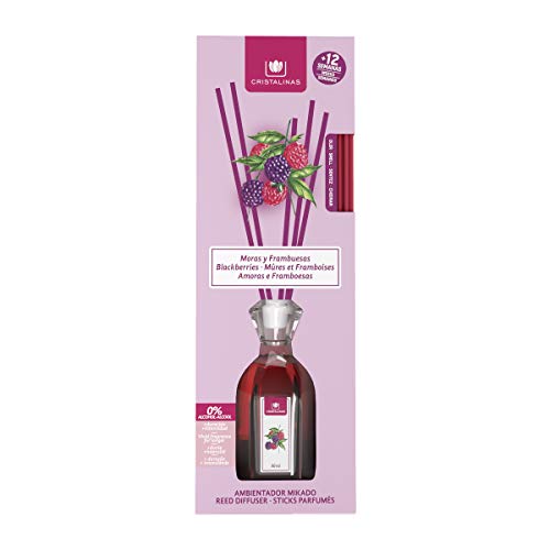 CRISTALINAS. Ambientador Mikado Clásico. Difusor con Varillas de ratán. Formula sin Alcohol. Máxima duración, hasta 16 semanas. Aroma Mora (Mora, 90 ml)