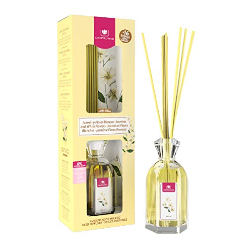 CRISTALINAS. Ambientador Mikado Clásico. Difusor con Varillas de ratán. Formula sin Alcohol. Máxima duración, más de 16 semanas. 180ml de Capacidad. Aroma Jazmín y Flores Blancas