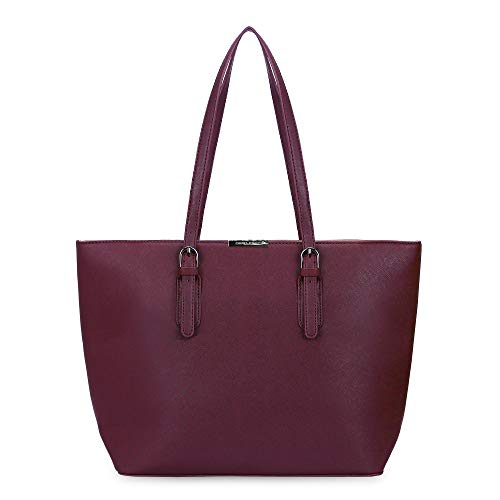 David Jones - Bolso de Mano Grande Mujer - Tote Bag Shopper Piel PU - Bolso de Hombro Trabajo Shopping Gran Capacidad Cuero - Bolso de Compras Asa Larga - Escuela Estudiante Moda - Rojo Burdeos