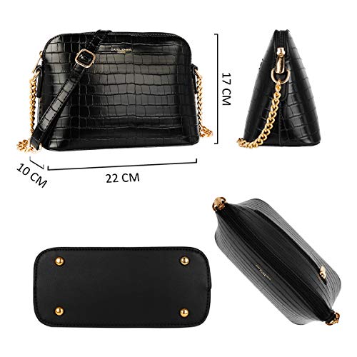 David Jones - Pequeño Bolso Bandolera Cadena Piel Cocodrilo Mujer - Bolsos de Hombro Cruzado Cuero PU - Mensajero Crossbody Bag - Bolso Mano Zip Embrague Clutch Pochette Noche Diario Vida - Negro