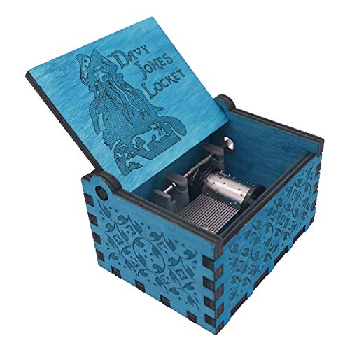 Davy Jones Locket Caja de música de manivela de mano Caja musical tallada de madera, tema de Davy Jone, azul