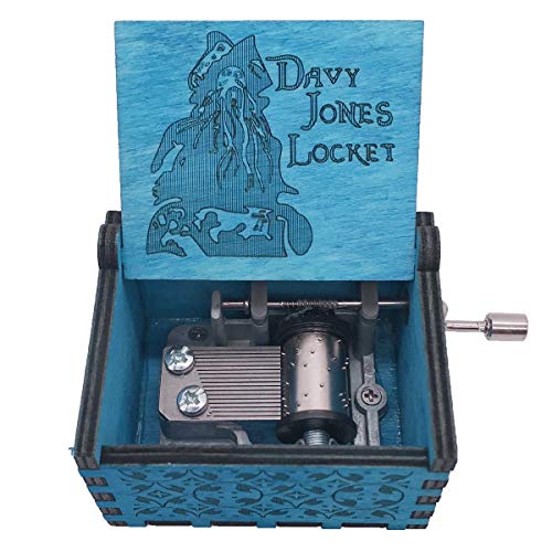 Davy Jones Locket Caja de música de manivela de mano Caja musical tallada de madera, tema de Davy Jone, azul