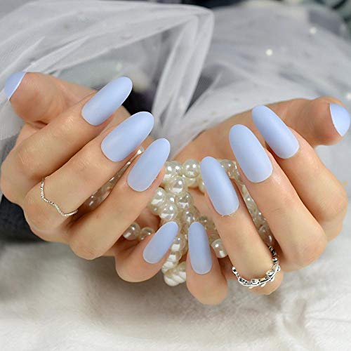 DCJ® Uñas postizas Uñas postizas largas Artificiales para Dama, uñas de Prensa Mate Azul Cielo Medio, Herramientas de uñas de Cubierta Completa, Productos de salón