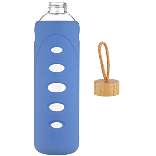 DEARRAY Botella de Agua de Cristal de Borosilicato Deportivo 400ml / 750ml / 1000ml / 1 Litro, Botella de Agua de Vidrio con Funda de Silicona y Tapa de Bambú Único