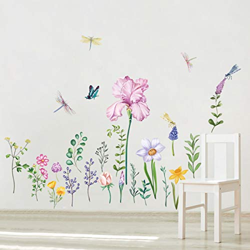 decalmile Pegatinas de Pared Jardín Flor Vinilos Decorativos Narciso Iris Floral Libélula Adhesivos Pared Dormitorio Salón Televisión Pared Hogar Decoración