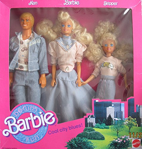 DENIM FUN BARBIE Cool City Blues 3 DOLL Set w KEN, BARBIE & SKIPPER DOLLS (1989 Mattel Hawthorne)