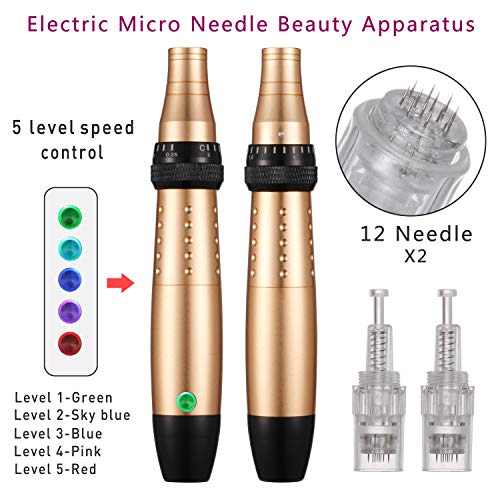 Dermapen Profesional Electrico Derma Pen Roller Facial Cabezales Arrugas Estrías Cicatriz de acne Perdida de cabello para y corporal,12 módulos de aguja estériles, 0.25 mm a 2.0 mm