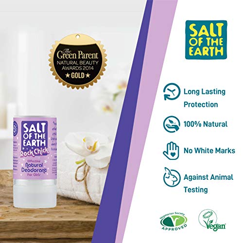 Desodorante natural vegano Rock Chick de Salt of the Earth en cristales sin perfume ni fragancia, protección de larga duración, aprobado por Leaping Bunny, 90 g