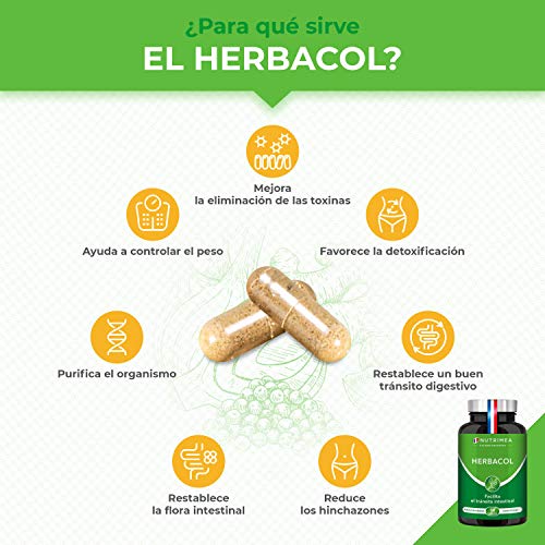 Detox Aloe Vera Colon Cleanser Limpieza de Colon Estomago Laxante Forte Diuretico Suplemento HerbaCol Hinojo Jengibre Konjac Pimienta Negra Lactobacillus Acidophilus Vegano Fabricado en Francia