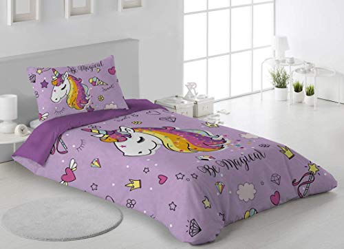 DHestia Juego Funda Nórdica Infantil Niña Reversible + Cojín 50x50 cm. 100% Duvet Set Unicornio Mágico, Algodón, Multicolor, 170x240 cm/Cama 90-105